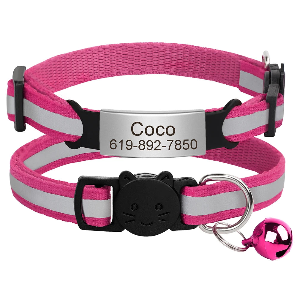 Customized Cat Collar Reflective Cat Collar Free Engraved Puppy Kitten Pet ID Nameplate Necklace With Bell Anti-lost For Cats