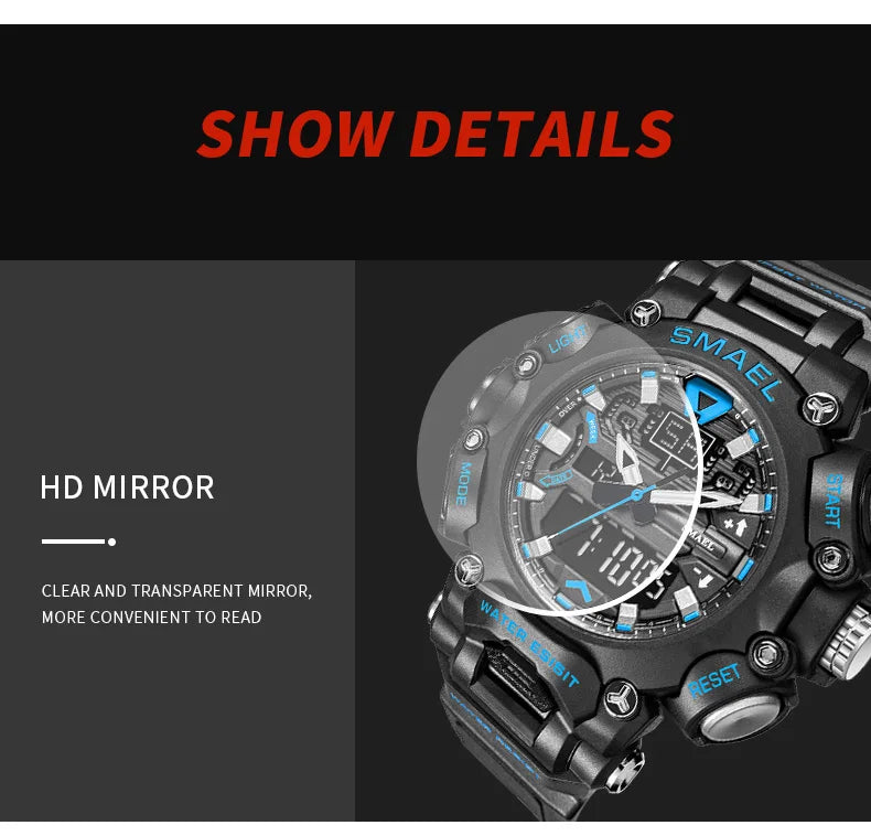 Military Watch Sport Waterproof 50M Stopwatch Analog Digital Wristwatches Week Display Alarm Clock 8053 Digital Watches Mens