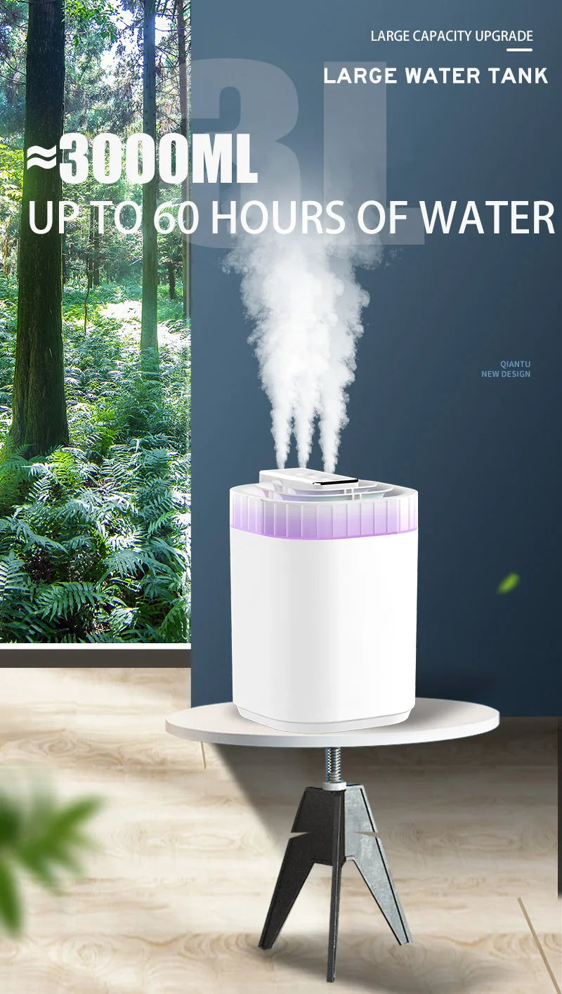 Humidificador de ar ultrassónico de 3L com névoa fria, luz noturna e três bicos, humidificador aromático USB silencioso para casa