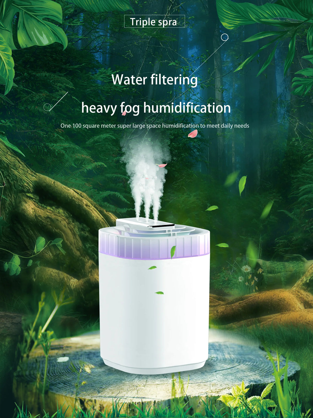 Humidificador de ar ultrassónico de 3L com névoa fria, luz noturna e três bicos, humidificador aromático USB silencioso para casa