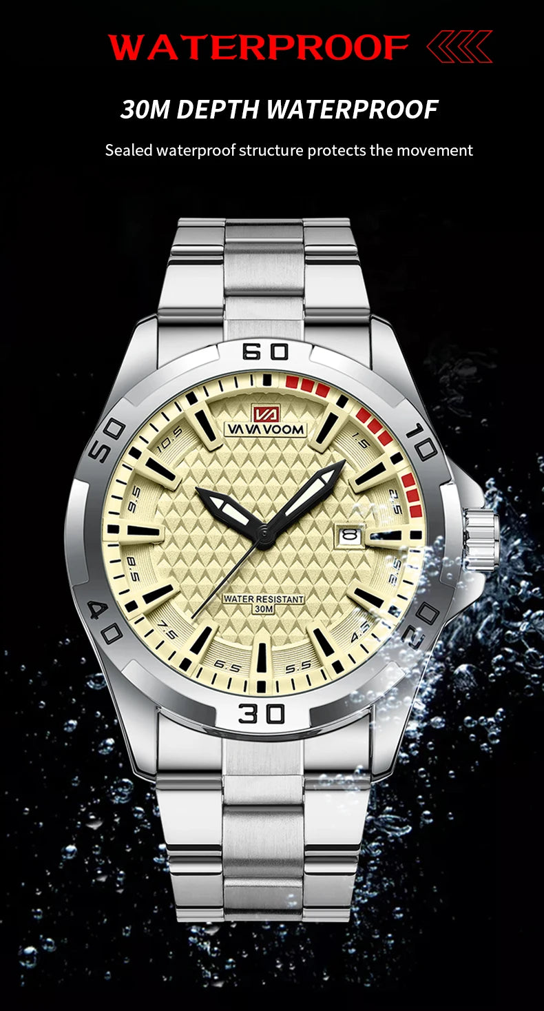 Stainless Steel Men Quartz Watch Business Fashion 45mm Calendar Clock Silver Sports 3Bar Waterproof Gift Wristatch for Men Reloj