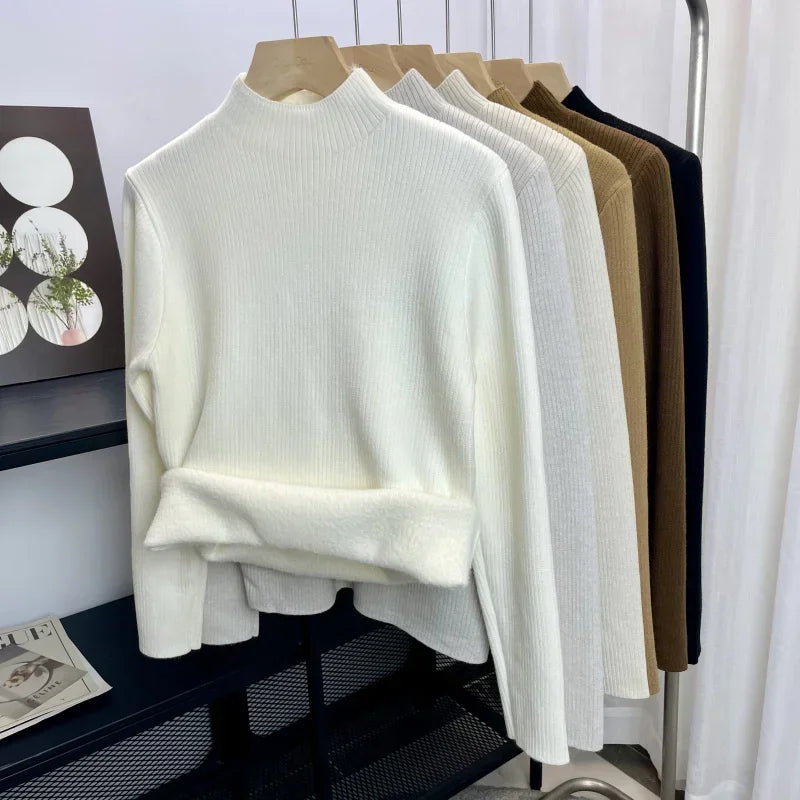 Turtleneck Winter Sweater Women Elegant Thicken Velvet Lined Warm Sueter Knitted Pullover Slim Tops Jersey Knitwear Jumper New