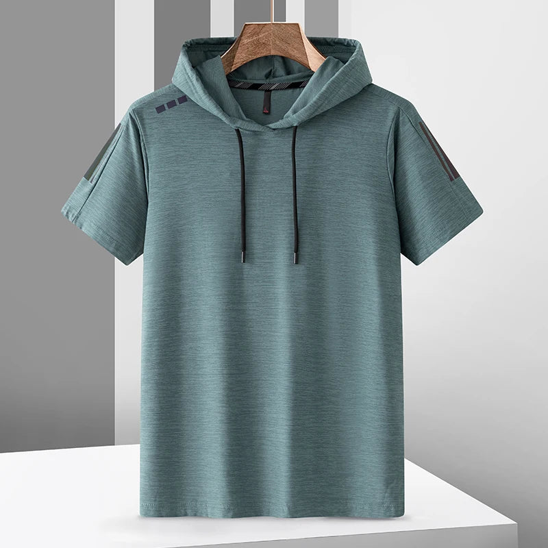 Outdoor Mountaineering Men's Hooded T-shirt Summer Ice Silk Quick Drying Thin Sports Casual Top Loose and Breathable Versatile