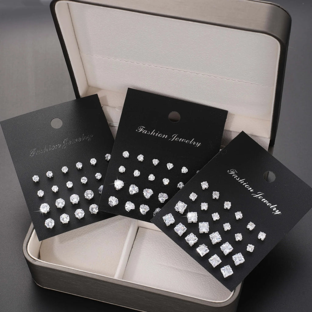Geometric Six-Claw Heart-Shaped Crystal Zircon Basic Set Ear Studs Vintage Elegant 36 Pairs Unisex