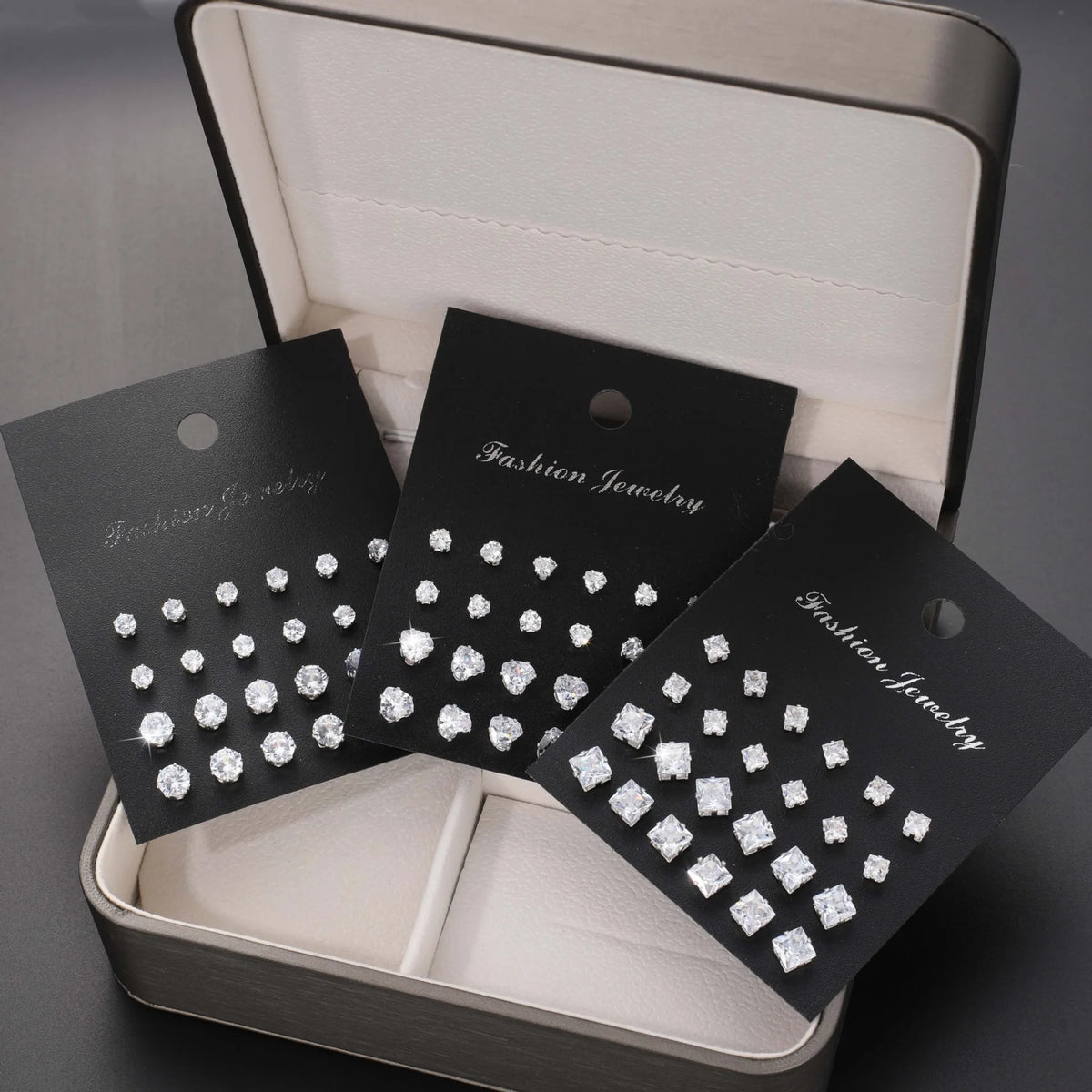 Geometric Six-Claw Heart-Shaped Crystal Zircon Basic Set Ear Studs Vintage Elegant 36 Pairs Unisex
