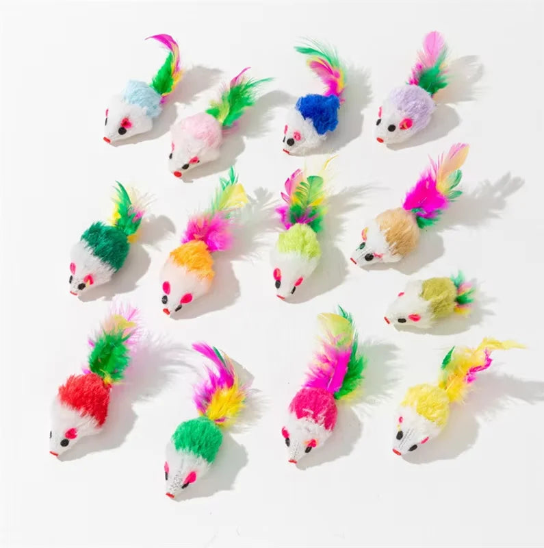 5Pcs 10Pcs Plush Pet Cat Toys Play Rabbit Fur False Mouse Feather Rainbow Mouse Toy  Funny Playing Toys for Kitten Indoor New