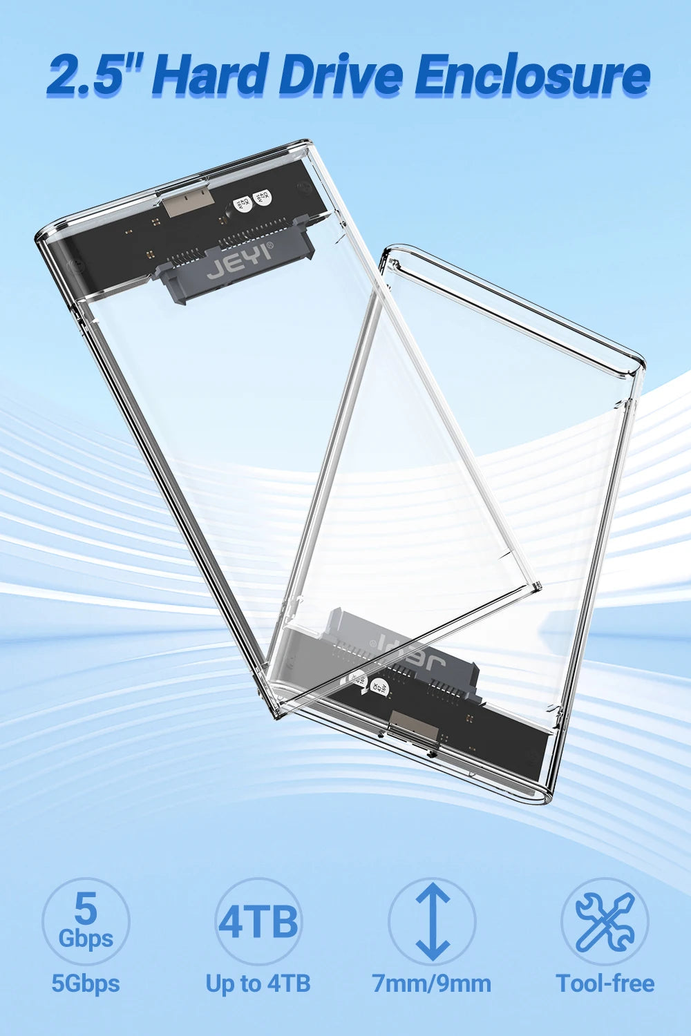 JEYI 2.5'' Tool-Free External HDD Enclosure - USB 3.0 to SATA III, Transparent Cooling, Compatible with 7mm/9.5mm SATA HDD/SSD