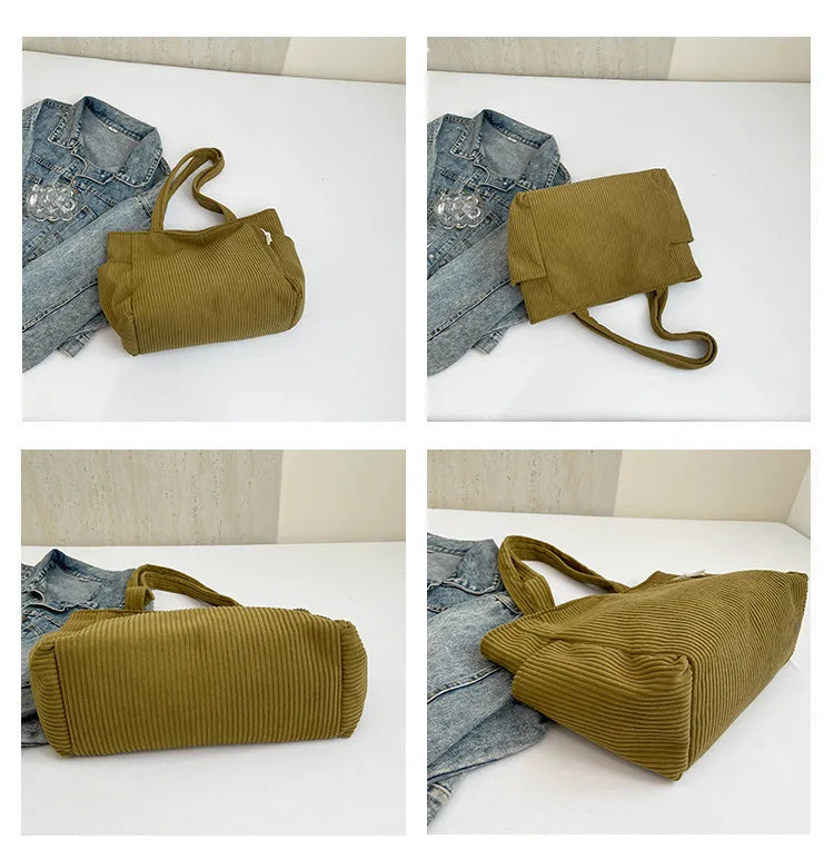 Corduroy Women Bag Fashionable Large Capacity Handbag Shoulder Bag Versatile Artistic Retro Student Class Bag with Zipper Pocket