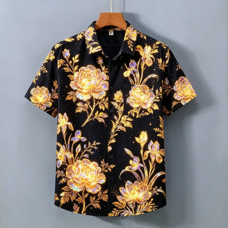 Men's Light Luxury Floral Print Short Sleeved Shirt With pockets,  Personalized Top For Holiday Beach Vacations
