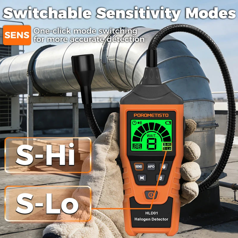 HLD01 Halogen Gas Leak Detector Rechargeable Level/Audio/Visual Alarms LED Light R134a R22 R12 High Sensitivity Gas Sensor Test
