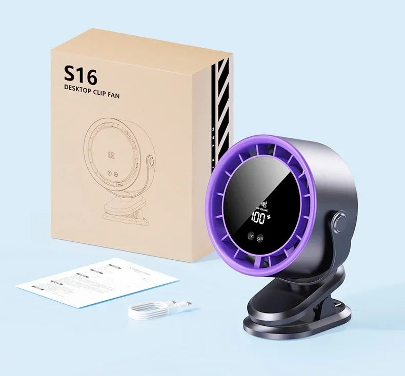 A little expert in life 100-Speed Desk Fan Clamp Fan LED Display Office Home Charge Wall-Mounted Hand-Free Fan
