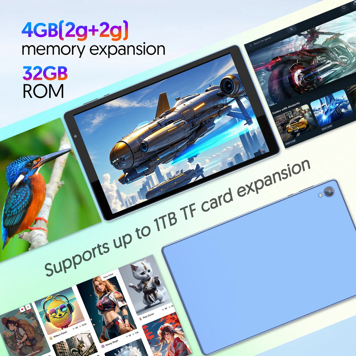 10.1 Inch Android 14 Tablet 4GB RAM (2GB+2GB) 32GB ROM Expandable up to 1TB 1280x800 HD Display 6000mAh Battery A133 Quad-core