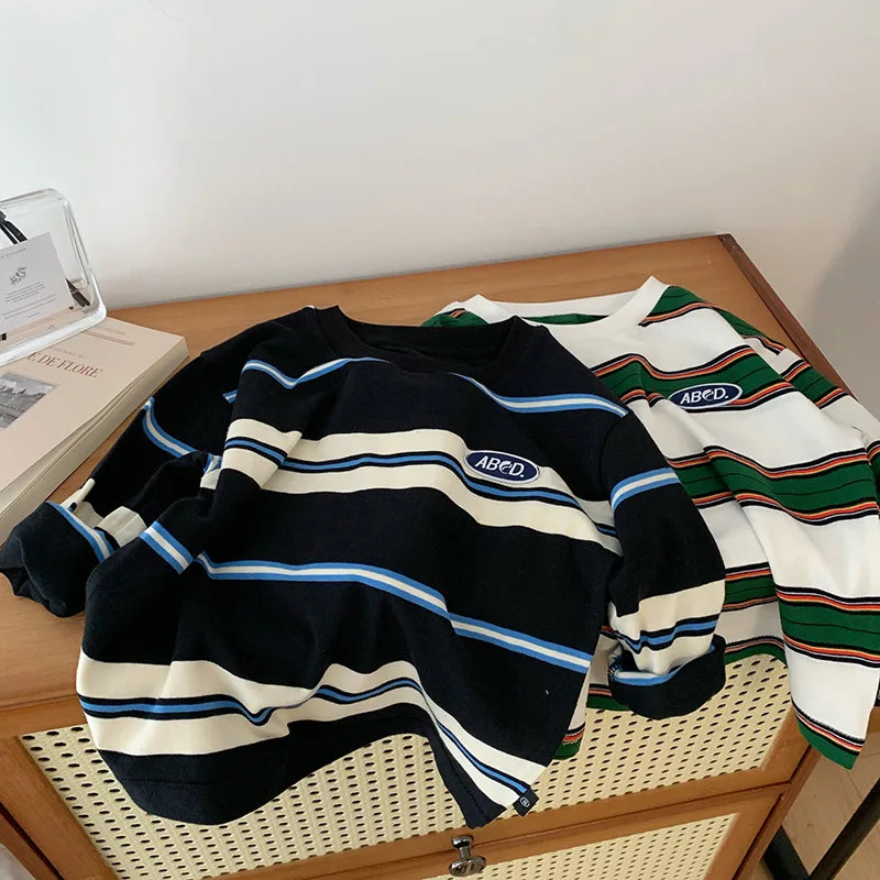 2025 autumn Children Clothes Girls Long Sleeves Bottoming Shirts Cool Boys Stripe Cotton T-shirt Teen Loose Casual 2-7y Kids Top