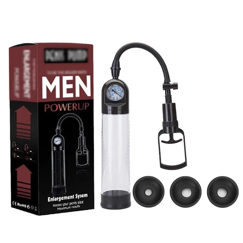 Effective Penis Pump for Men Enlargement Vacuum Dick Extender with Pressure Gauge Realistic Vaginal Sleeve 3 Silicone Inserts