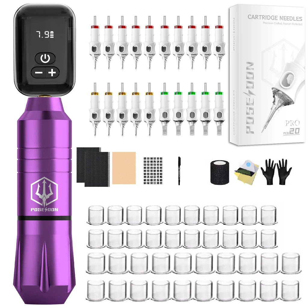 POSEIDON Tattoo Kit 20 V6 Tattoo Needles Tattoo Pen Kit For Permanent Makeup Tattoo Machine Kit Purple Wireless Tattoo Gun Kit