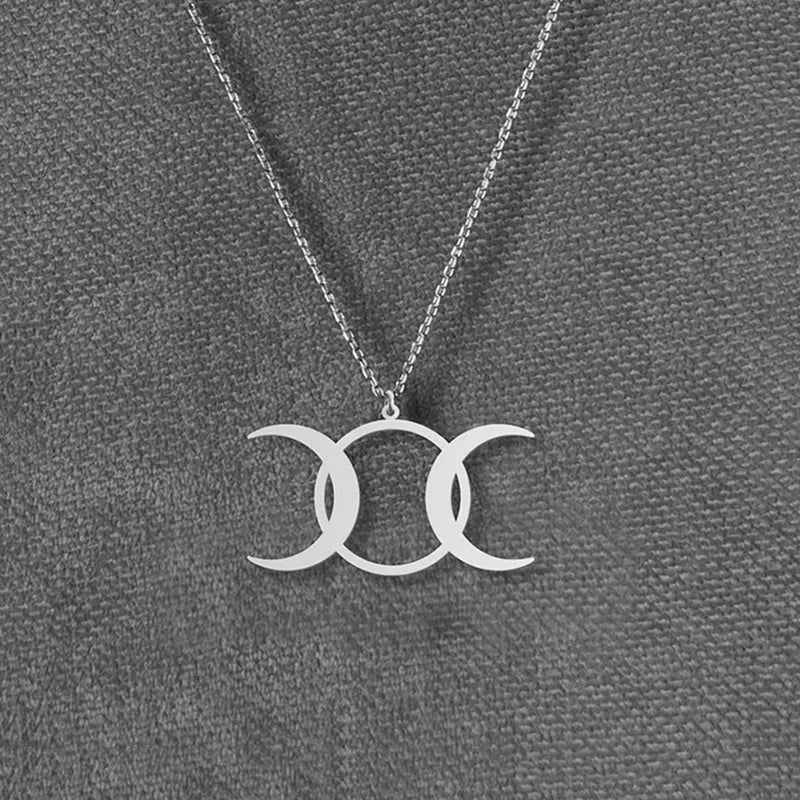 14k Gold Plated Triple Moon Goddess Necklace Stainless Steel Wiccan Moon Phases Pendant Symbol of Feminine Power Jewelry