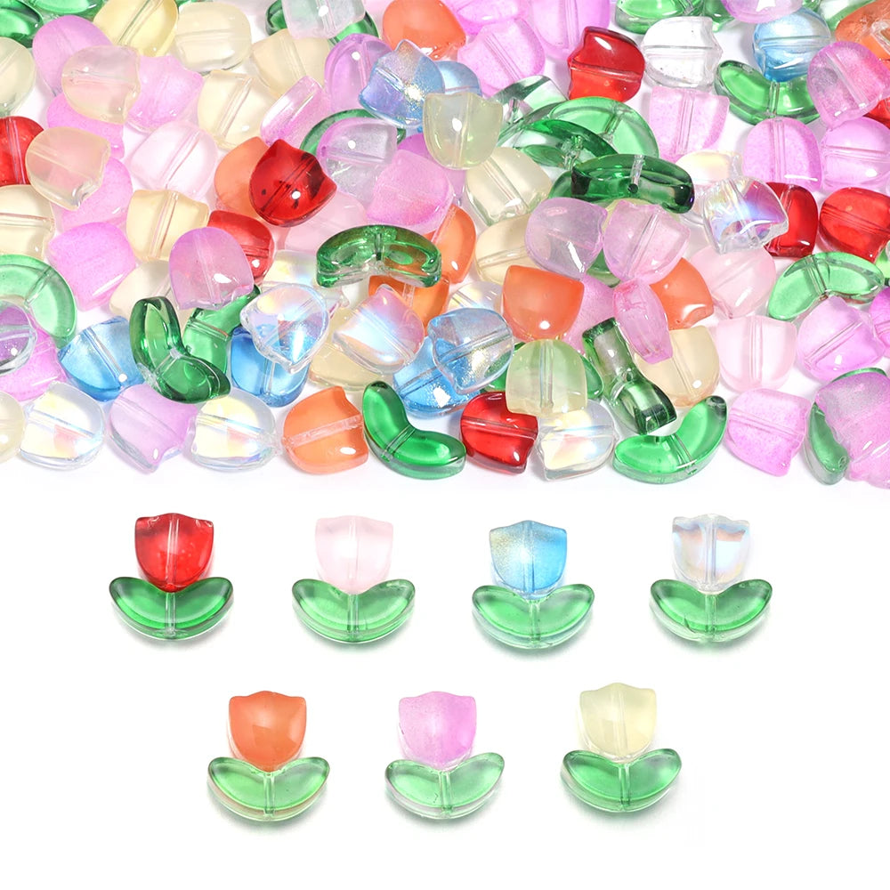 50pcs Tulip Flower Lampwork Gradient Color Glass Beads Charm for Earring Bracelet Necklace DIY Jewelry Craft Making Accessories