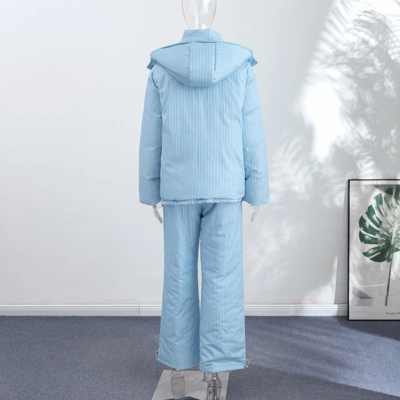 Chic Striped Hooded Puffer Coat Set Women Quilted Full Sleeve Zip Jacket Wide Leg Pants 2026 New Lady Autumn Winter Warm Outfit