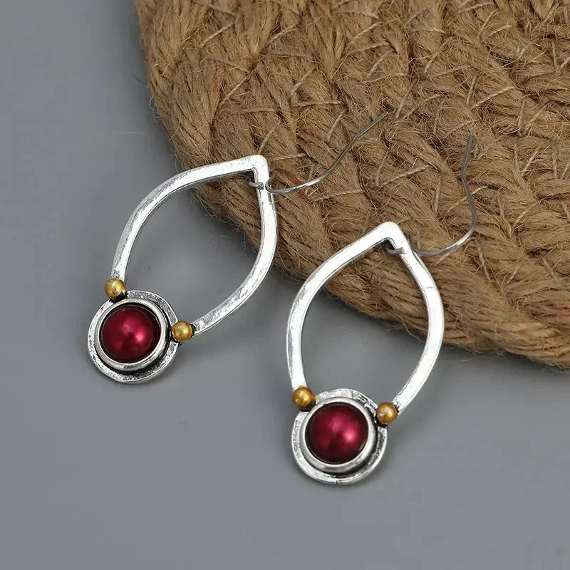 Vintage Red Stone Pendant ladies' Earrings Oval Antique Metal Jewelry