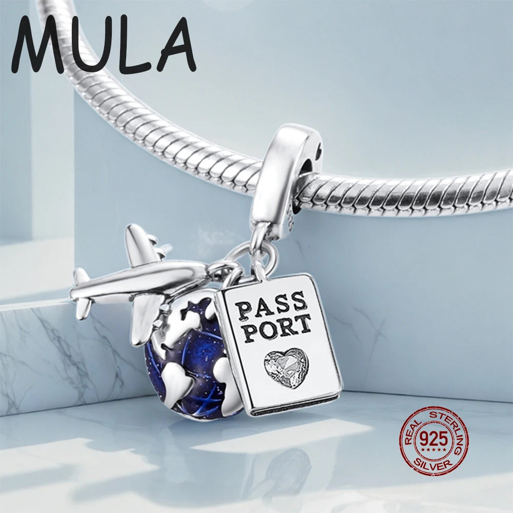 MULA Hot Sale 925 Silver Plane Passport Travel Charm Fit Original Snake Chain Bracelet DIY Jewelry Gift For Women