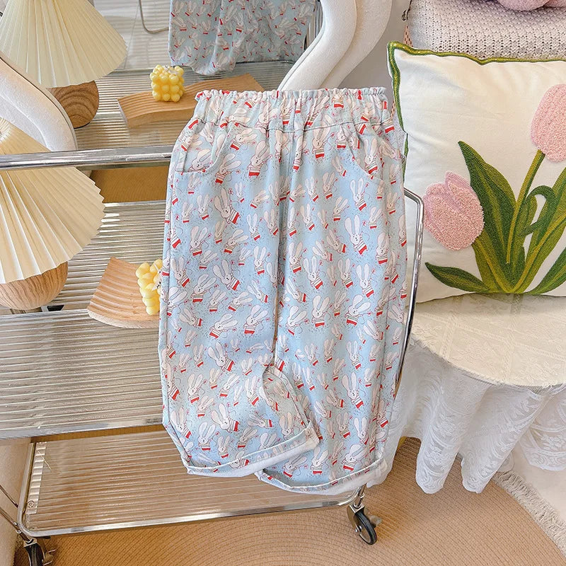 2025 New Spring Kids' Straight Pants Girls Cute Cartoon Heart Casual Pants Children Cotton Loose Trousers Outwear Clothes
