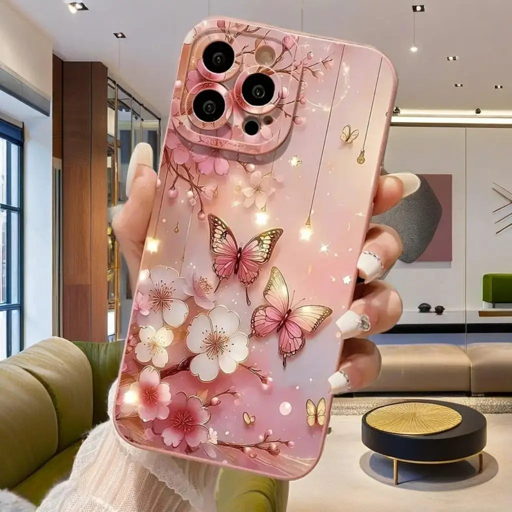 Butterfly & Floral Design Shockproof Phone Case for iPhone 7 8 16 15 16E XR XS X Plus 16 15 14 12 13 11 Pro Max SE2 Matte Cover