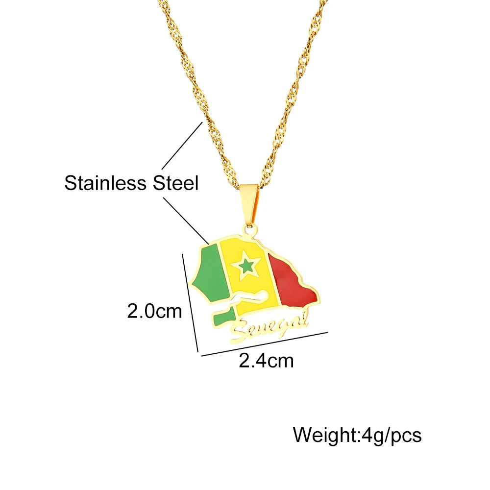 African Sénégal Map Flag Pendant Necklace Stainless Steel Men Women Senegal Maps Jewelry Gift