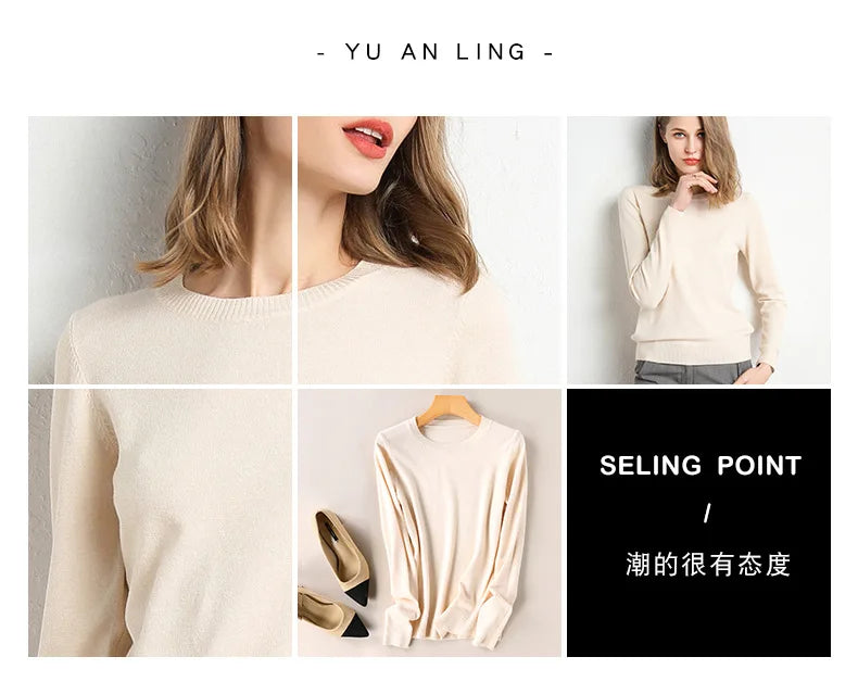 Women Slim O-Neck Solid Pullover Cashmere Wool Blending Sweater Autumn And Winter Long-Sleeved Knit Bottoming Shirt Large Size