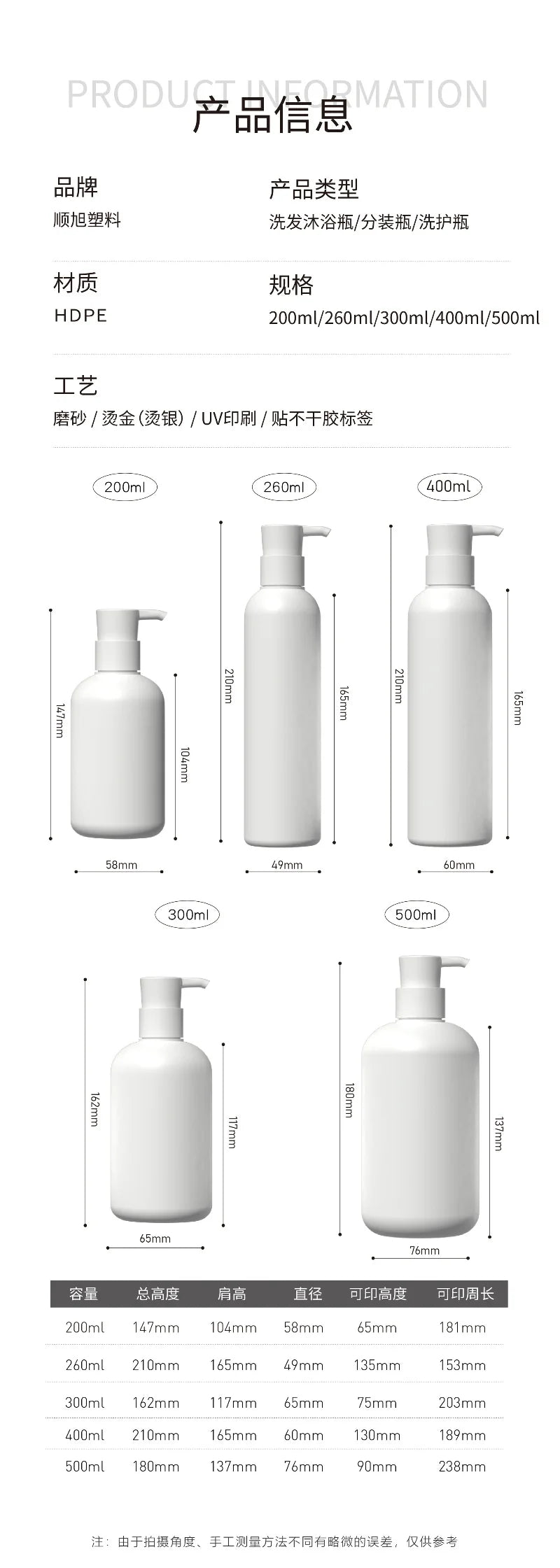 10/25pcs 200-500ml Empty White Plastic Lotion Bottle Body Wash /Shampoo /Liquid Soap Bottle Pump Bottle Container For Toiletries