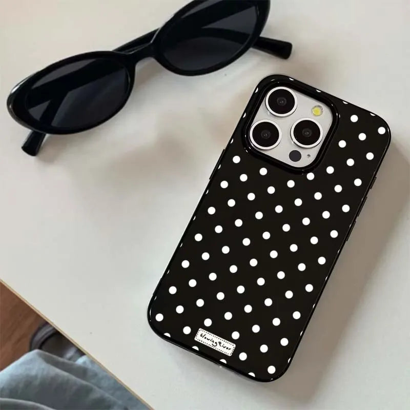 Luxury Korean White Polka-Dot Label Phone Case For iPhone 16 15 14 13 12 11 Pro Max XS XR X 7 8 Plus 16E Shockproof Soft Cover