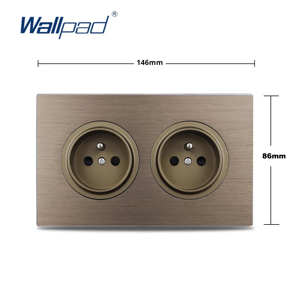 Double EU French Electrical Power Outlet Brown Brushed Aluminum Panel Wall Socket 146 * 86mm Wallpad L6