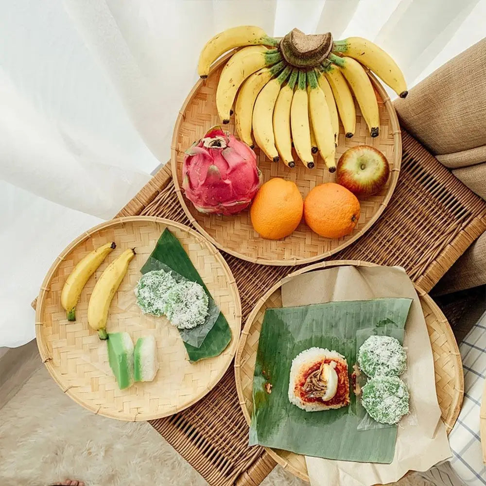 4 Size Hand-woven Bamboo Sieve Hand-painted Bamboo Raft Round Dustpan DIY Decorative Fruit Bread Basket Kitchen Storage Tray