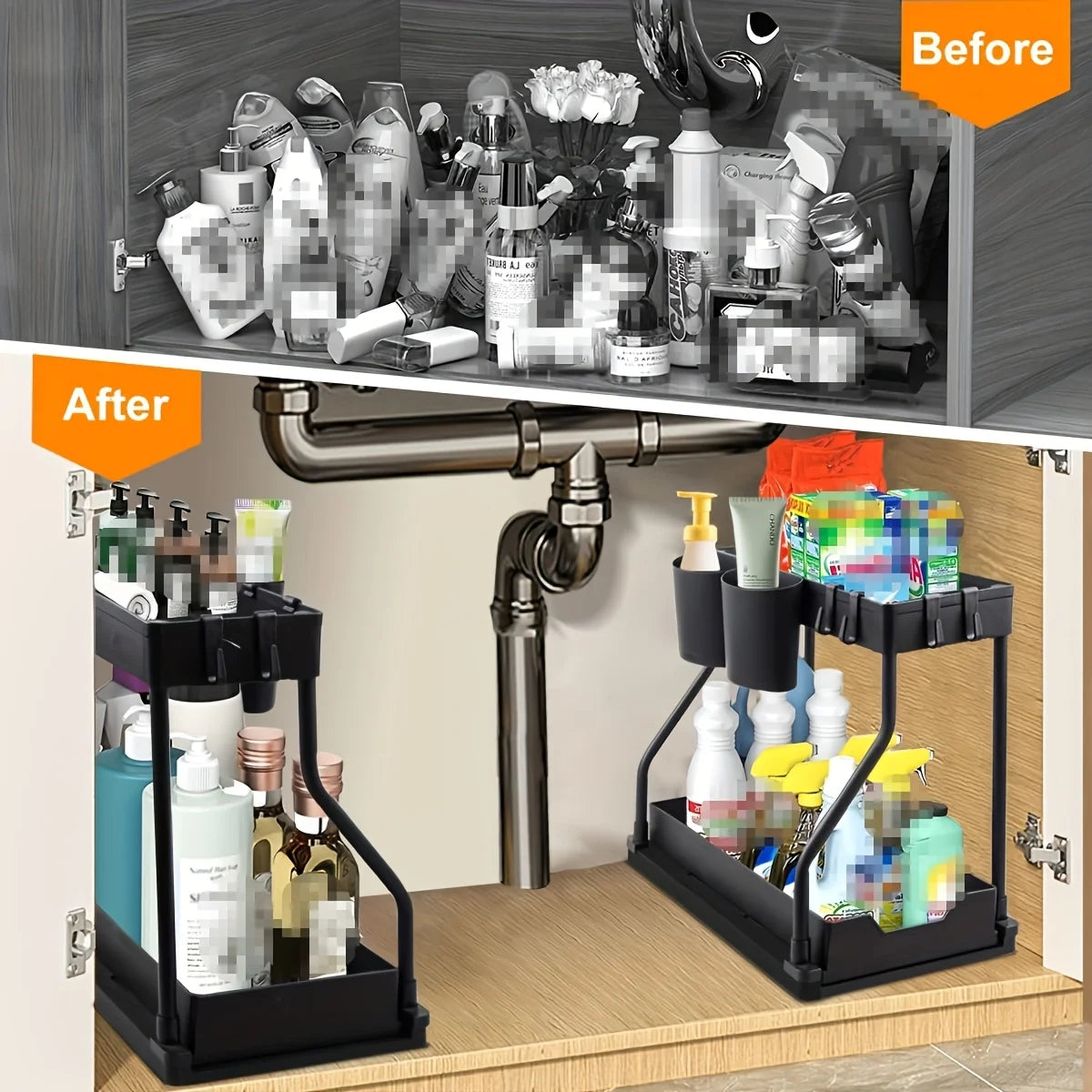 Kitchen lower sink rack Double pull-out countertop finishing rack Bathroom storage rack Kitchen storage rack