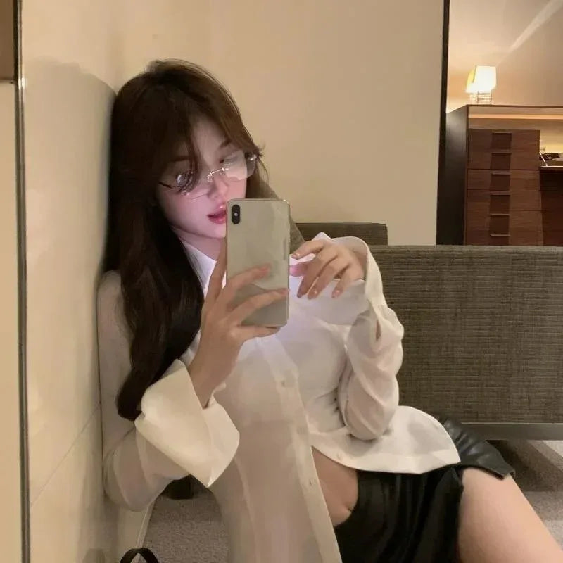 Sexy Slim Flared Sleeve Women's Shirt Solid Lapel Single-breasted Back Bandage Tunic Female Blouses Spring Trend New Lady