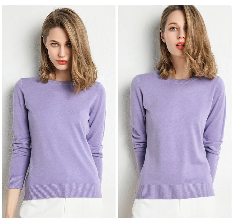 Women Slim O-Neck Solid Pullover Cashmere Wool Blending Sweater Autumn And Winter Long-Sleeved Knit Bottoming Shirt Large Size
