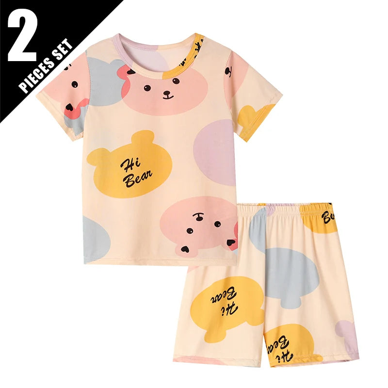 2-pcs Children's Summer Fashion Print Home Clothes Suit Boy Comfortable Joker Dinosaur Short-sleeved Girl Sweet Pink Shorts Suit
