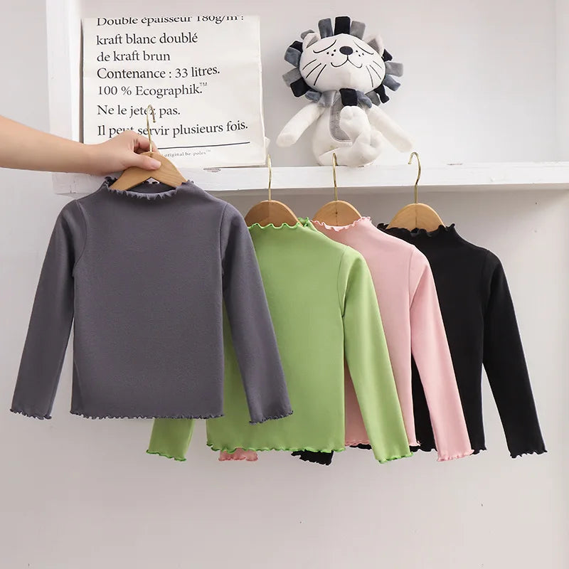 Autumn Kids Long Sleeve T-Shirt Ruffle Trim Solid Color Top For 1-8Y Girls Casual Soft Warm Children Clothing