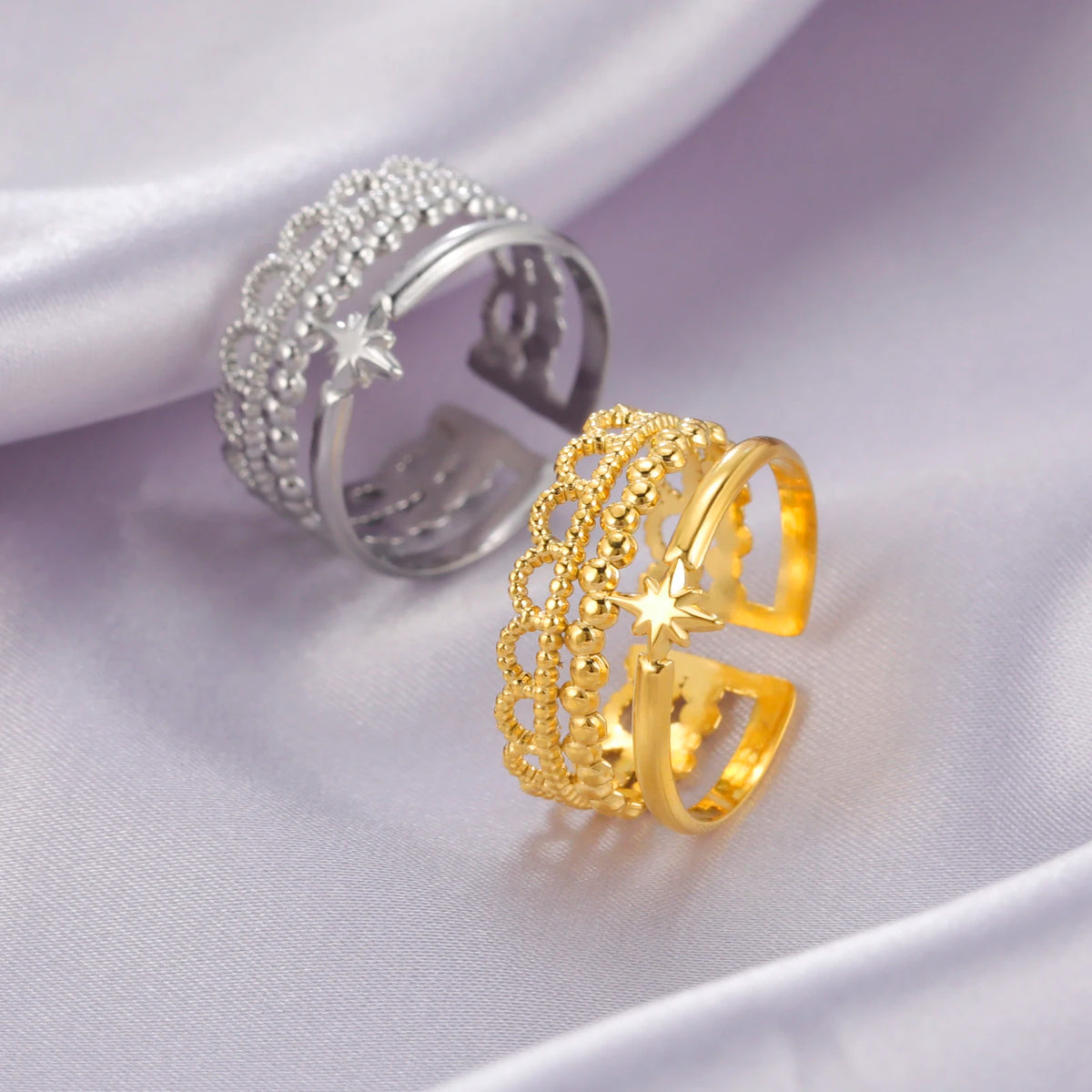 Amaxer For Women Lover's Rings Star Lace Beads Strip Stainless Steel Gold Color Silver Color Engagement Jewelry Party Gift