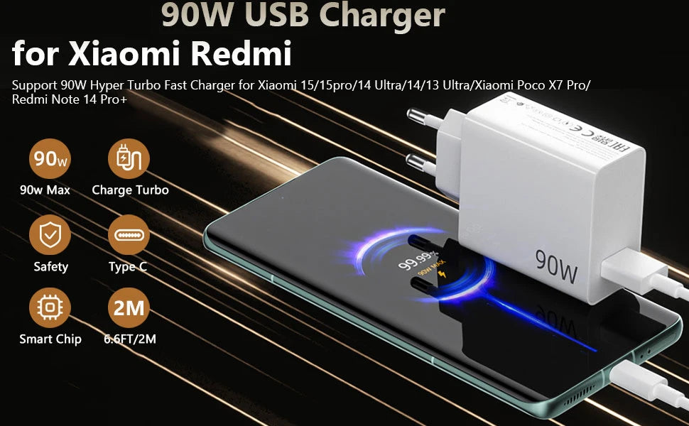 90W Turbo Fast USB Charger For Xiaomi 13 14 15 Ultra 15T 17 Pro Redmi Note 14 Pro POCO F6 F7 X6 X7 Pro Type C Quick Charge Cable