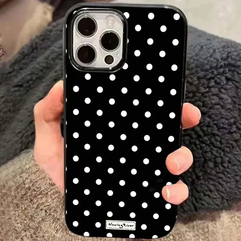 Luxury Korean White Polka-Dot Label Phone Case For iPhone 16 15 14 13 12 11 Pro Max XS XR X 7 8 Plus 16E Shockproof Soft Cover