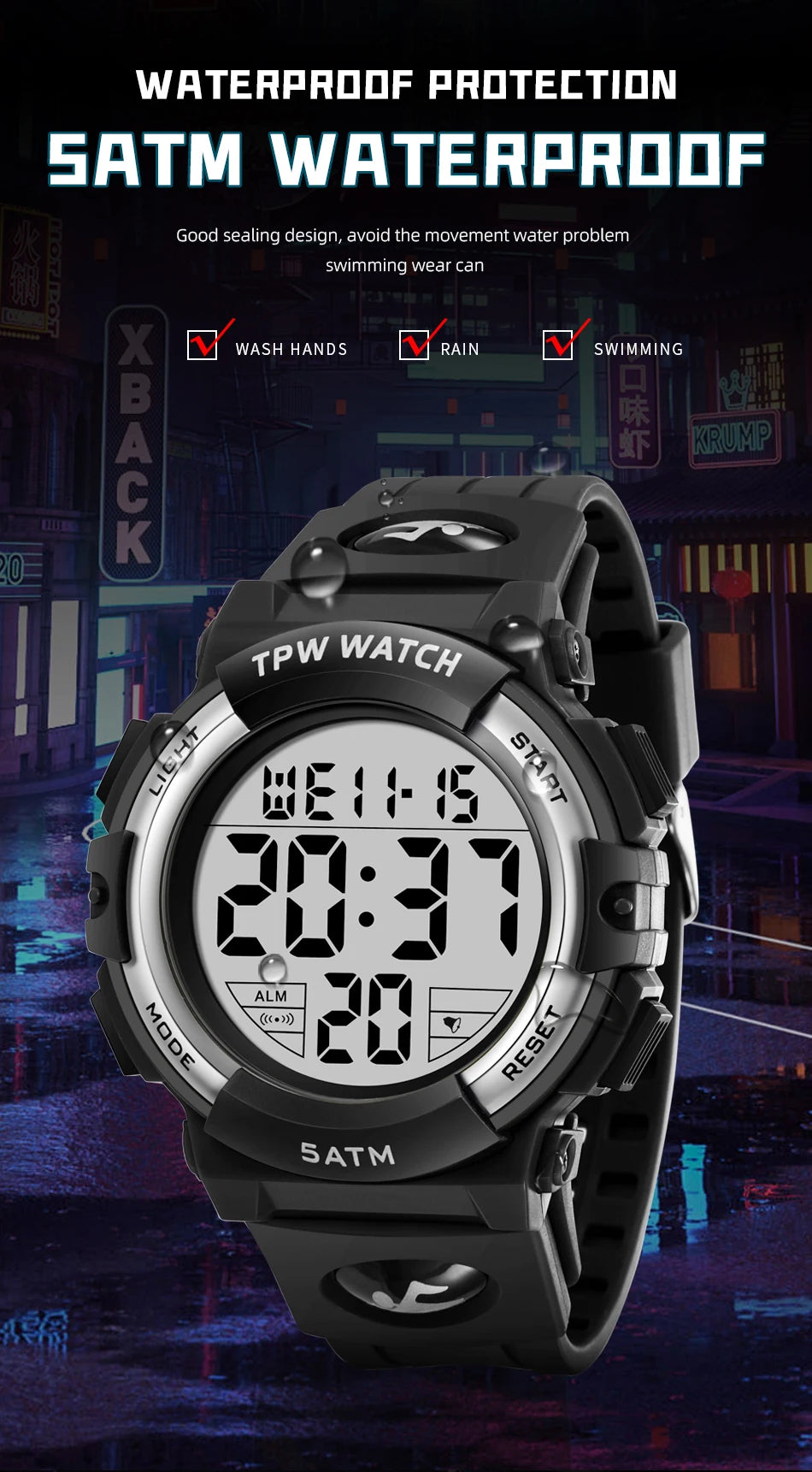 TPW Digital Watch with Big Numbers 5ATM Water Resistant Day Date Alarm Function Adventure Watch