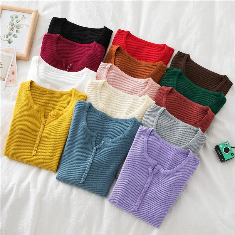2026 Autumn Winter Button V Neck Sweater Women Basic Slim Pullover Women Sweaters And Pullovers Knit Jumper Soft Warm Tops