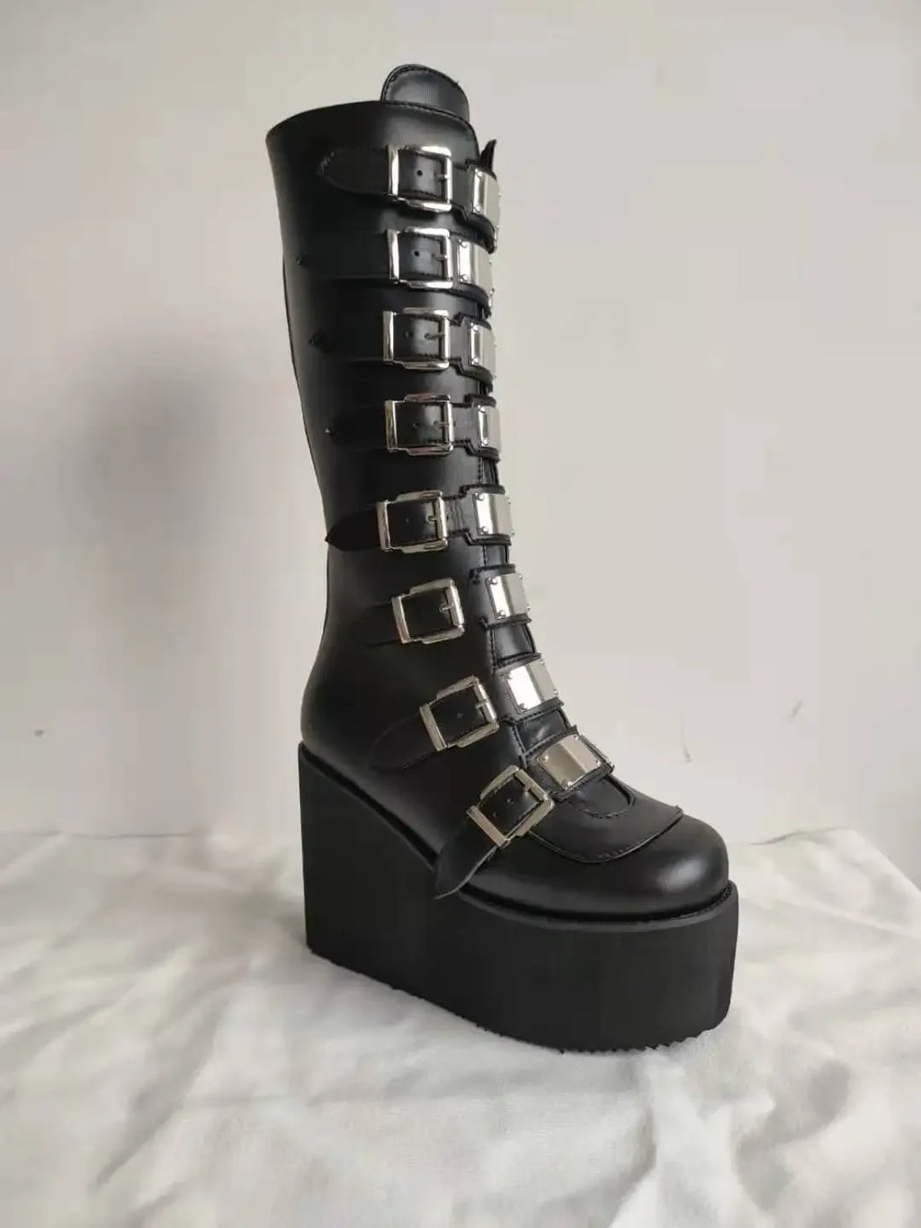 Women Boots Cosplay Ladies High Heel Platform Wedges Women High Boots Gothic Buckle Strap Long Tube Leather Female Boots Plus Si