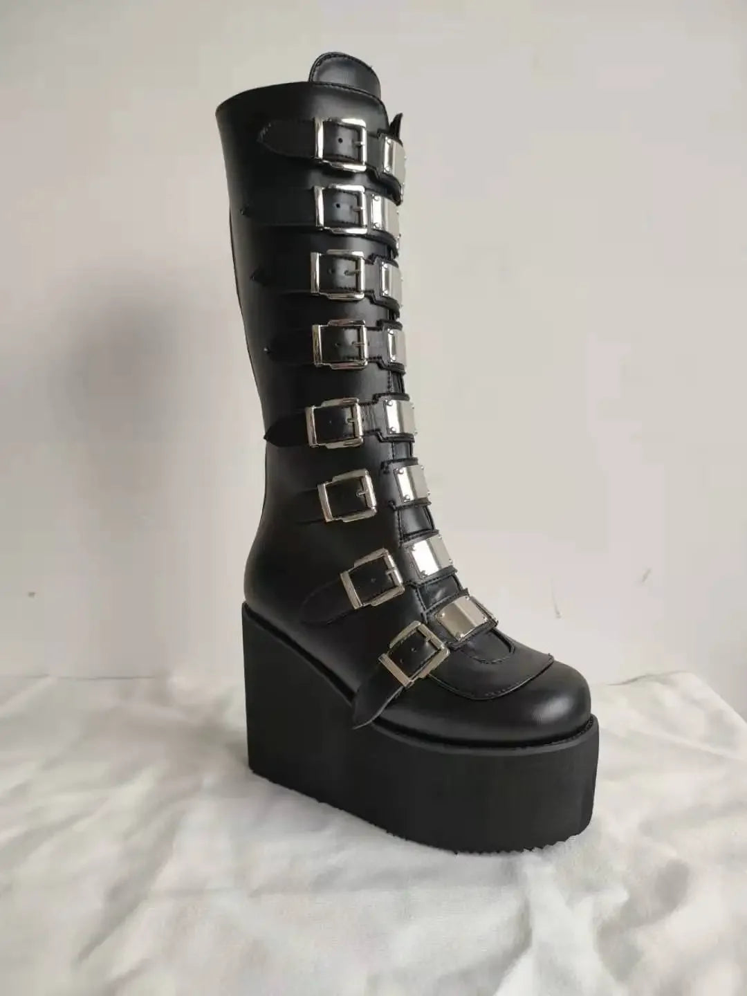 Women Boots Cosplay Ladies High Heel Platform Wedges Women High Boots Gothic Buckle Strap Long Tube Leather Female Boots Plus Si