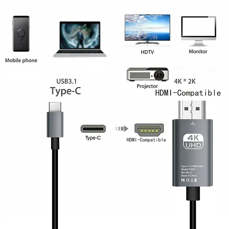 4K 60Hz HD Video Conversion Cable Typec to HDMI Same Screen Cable TV Computer 2 Meters Braided Screen Projection Cable Packaging