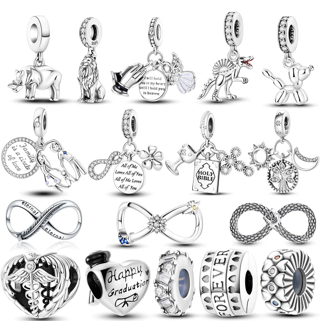 Original Inlaid Zircon Charm Beads 925 Silver Color Love Heart Snake Dangle Bead Fit Bangle Bracelet Pendant Jewelry Fine Gift