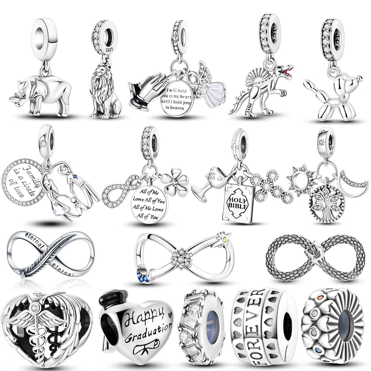 Original Inlaid Zircon Charm Beads 925 Silver Color Love Heart Snake Dangle Bead Fit Bangle Bracelet Pendant Jewelry Fine Gift