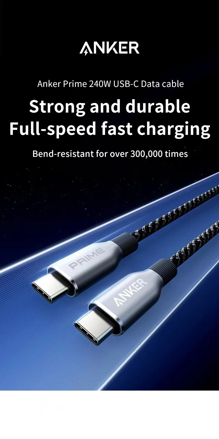 Anker Prime USB C to USB C Cable, 240W 3ft 6ft Fast Charging USB C Cable, Upcycled-Braided Nylon With 100-Year Bend Durability