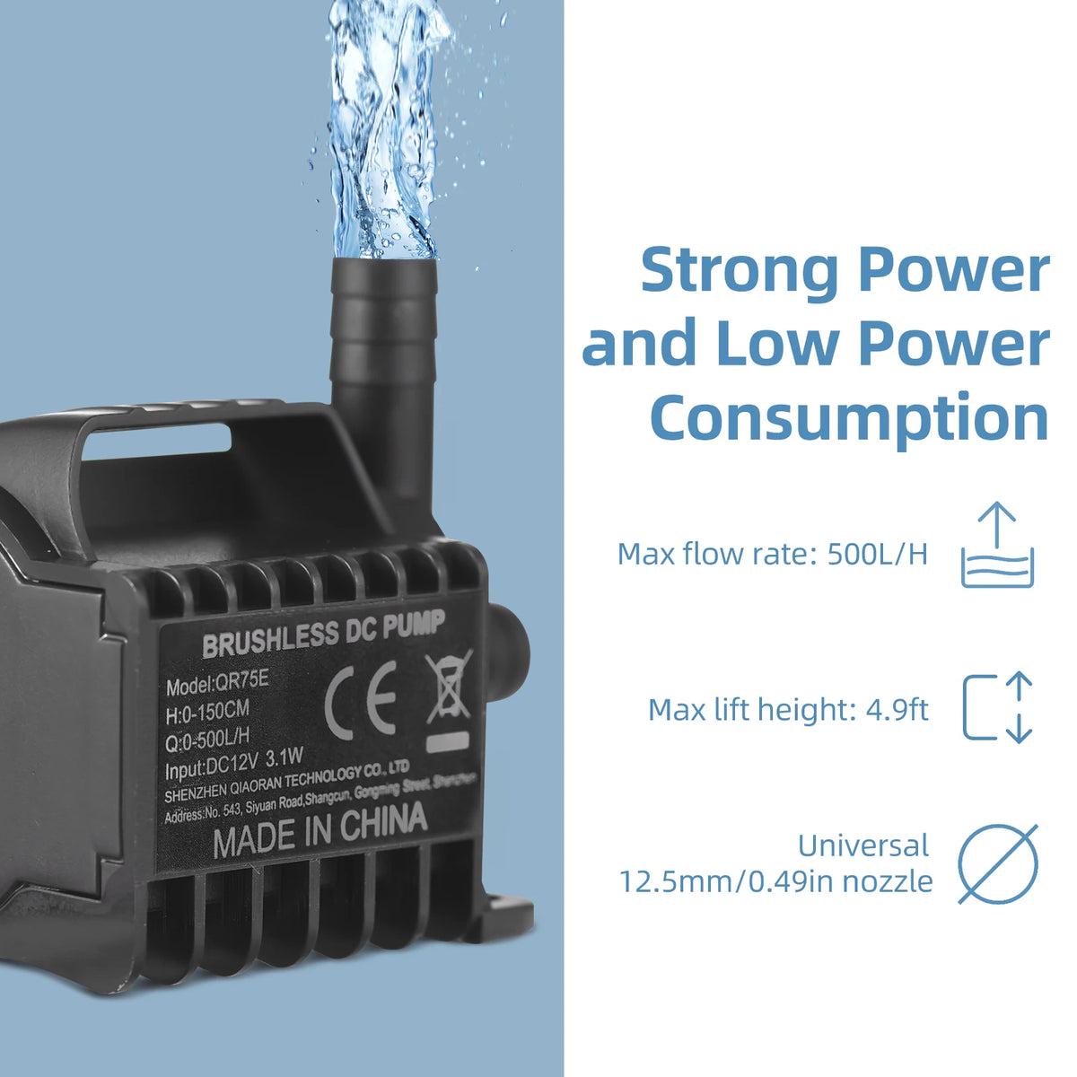 Submersible 12V Water Pump Electric 330L/H Small Fountain Pump with Max 6.5ft Lift, 1.6ft Wire and Suction Cup Base, Portable