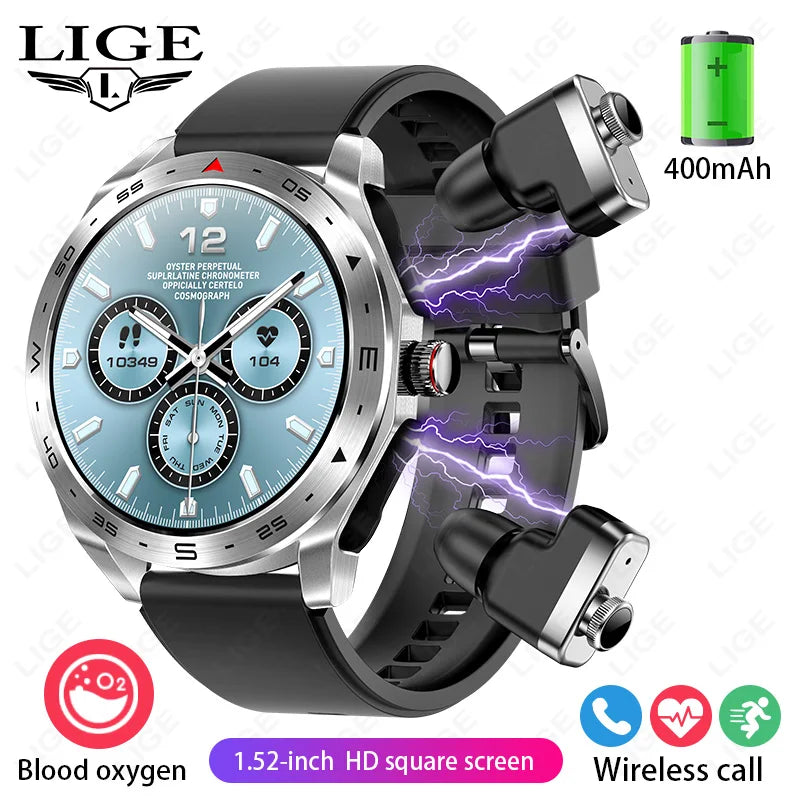 Smart Watch with Earbuds 1.52 inch HD Screen Fitness Tracker Sleep Monitor Pedometer All-in-one Local Music TWS Music Smartwatch